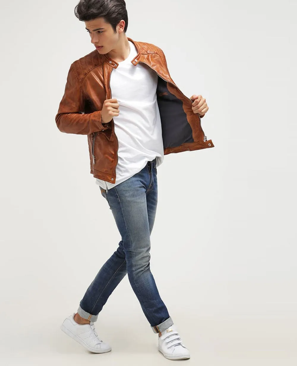 Abeem Real Leather Jacket Men Brown Biker Motorcycle Genuine