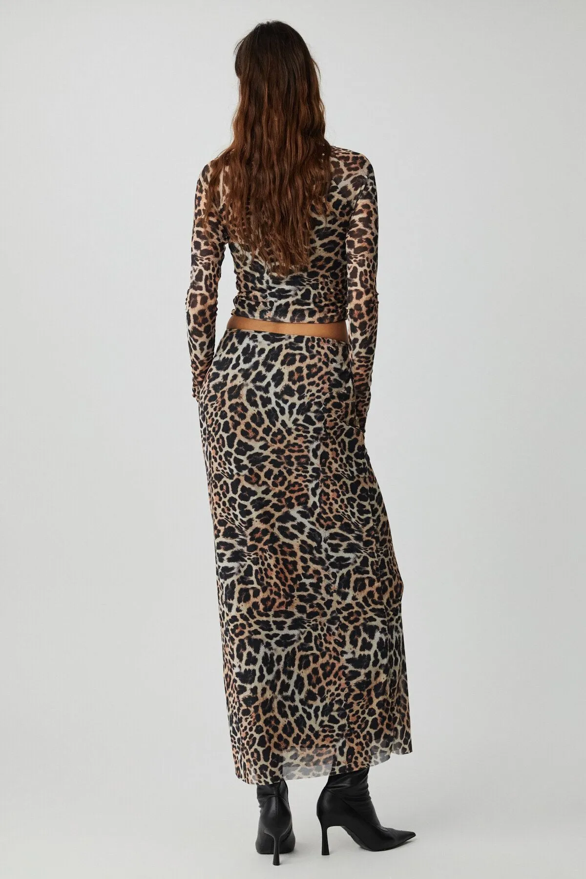 BEULAH Kadın Maxi Boy Slim Fit Beli Lastikli Tül Batik Desenli Leopar Desenli Etek