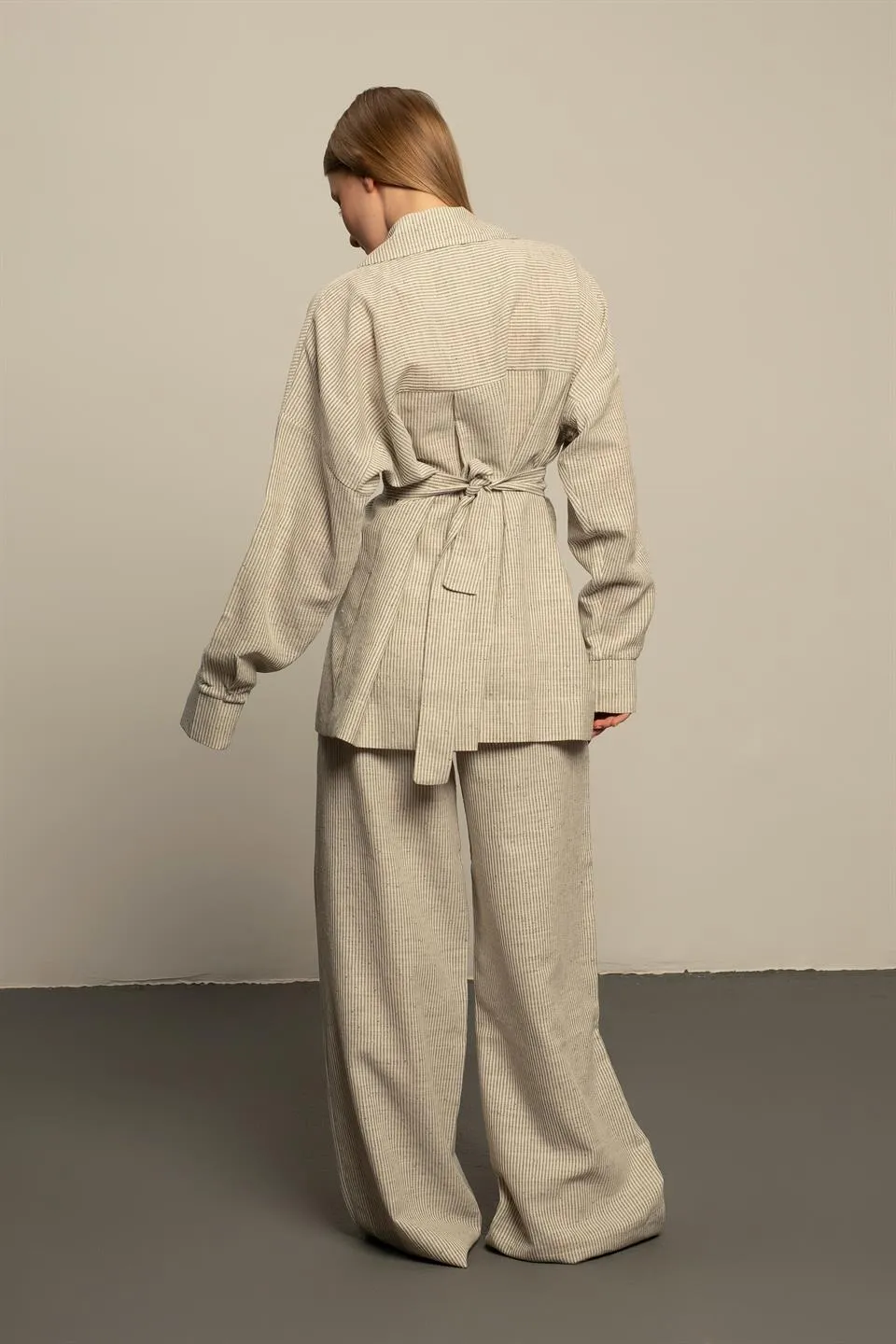 Khaki Striped Kimono Model Suit