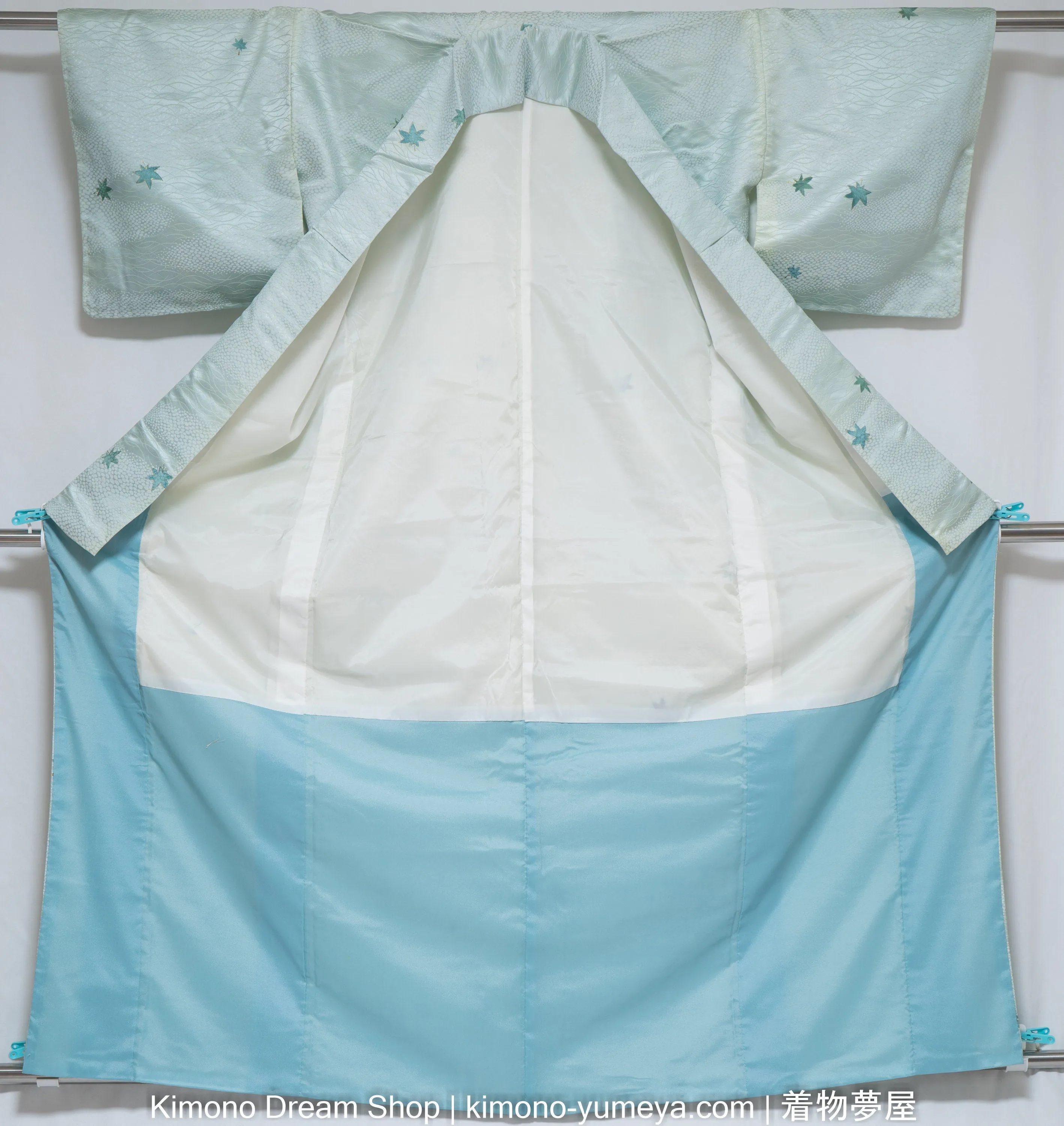 Light Blue Polyester Komon Kimono - Washable Kimono - Japanese Gown - Small Blue Leaves