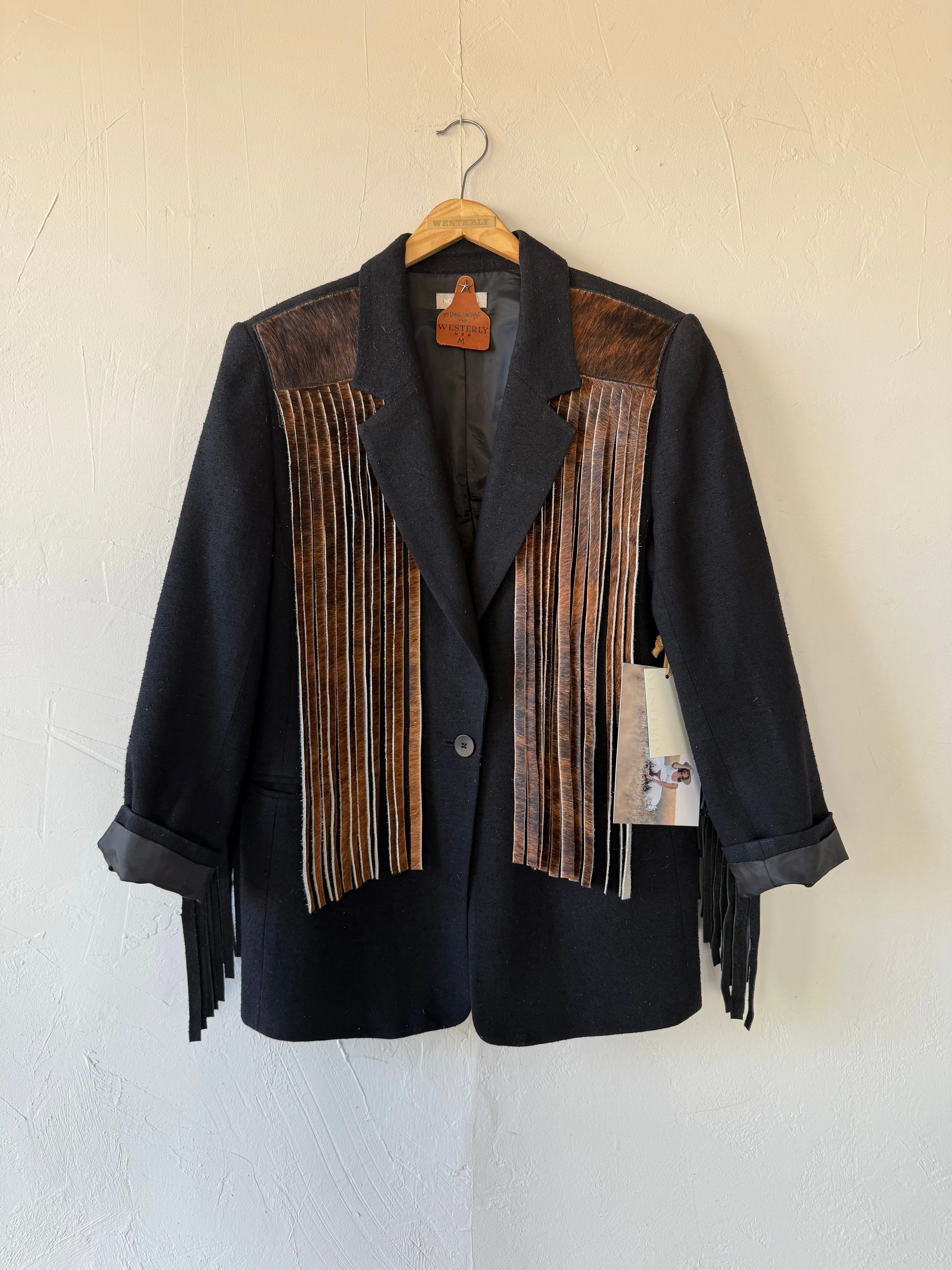 NEW!! Designer Vintage Blazer with Cowhide Fringe in Black by Westerly - Option #2, Size Medium