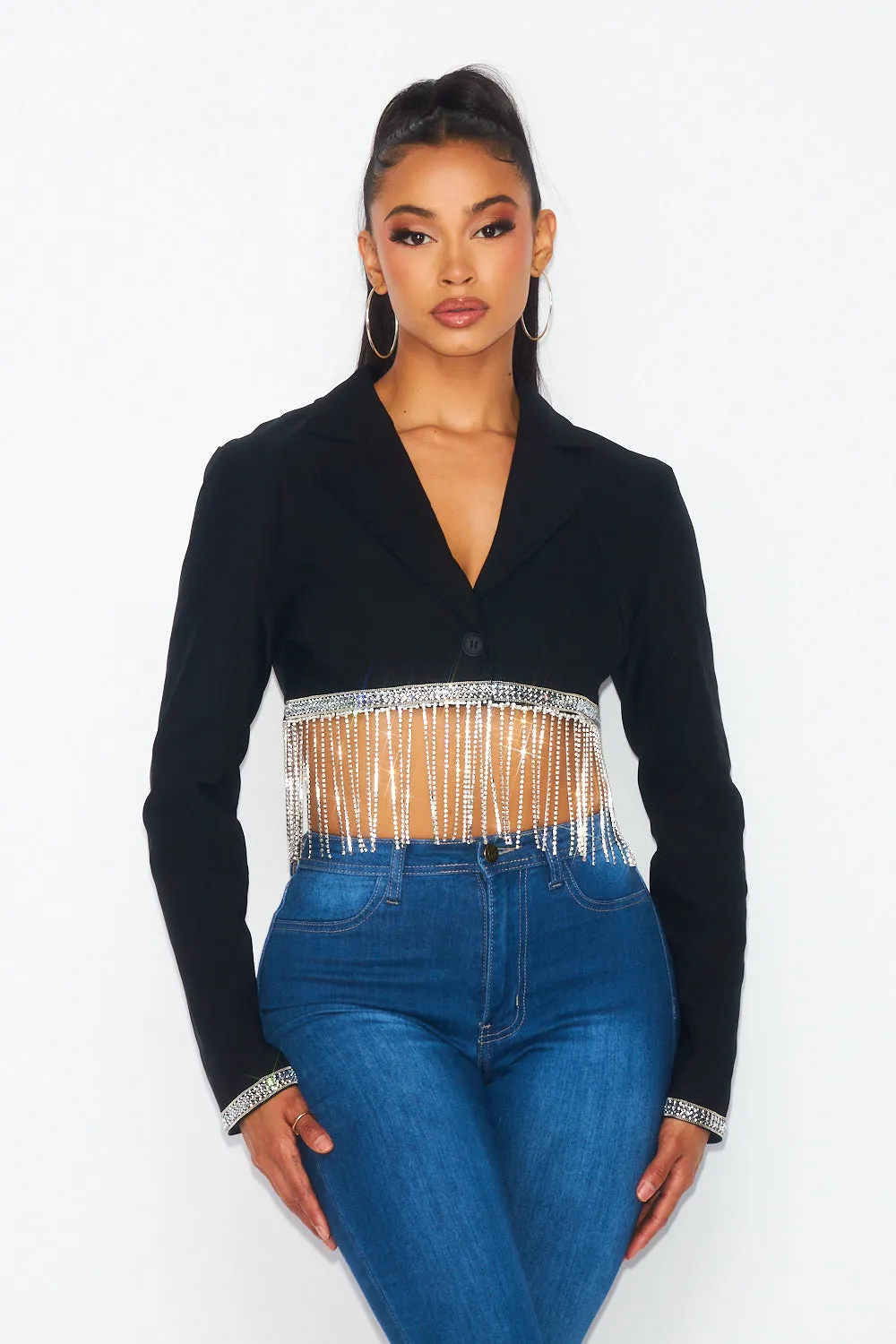 Stay By My Side Rhinestone Cropped Blazer Jacket