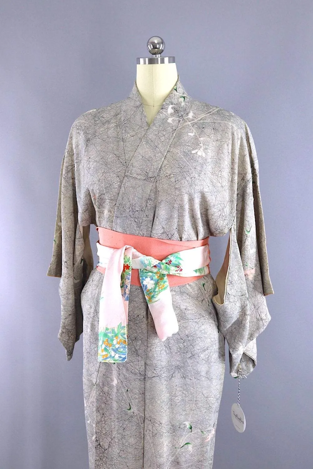 Vintage Grey Marble Floral Print Silk Kimono Robe