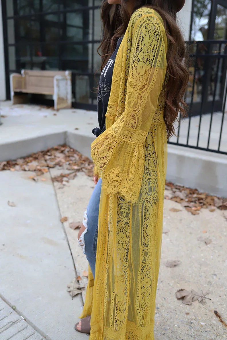 Wildest Dreams Long Lace Bell Sleeve Boho Duster - Mustard *RESTOCKED*