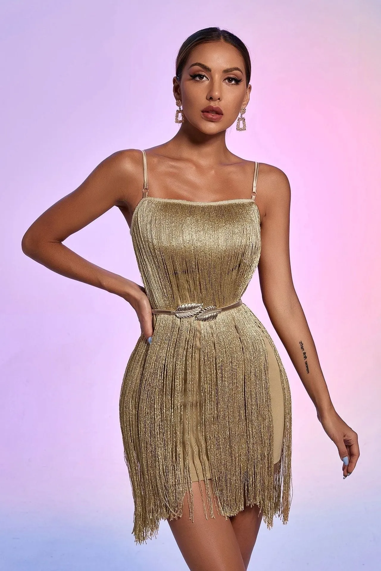 Women's Gold Tassels Strappy Sleeveless Bodycon Dress